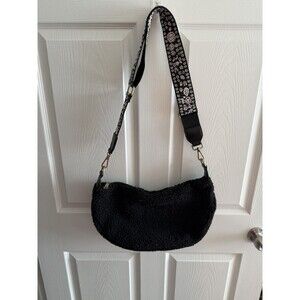 Anthropologie Solstice Cozy Sherpa Crossbody Purse Black Embroidered Floral